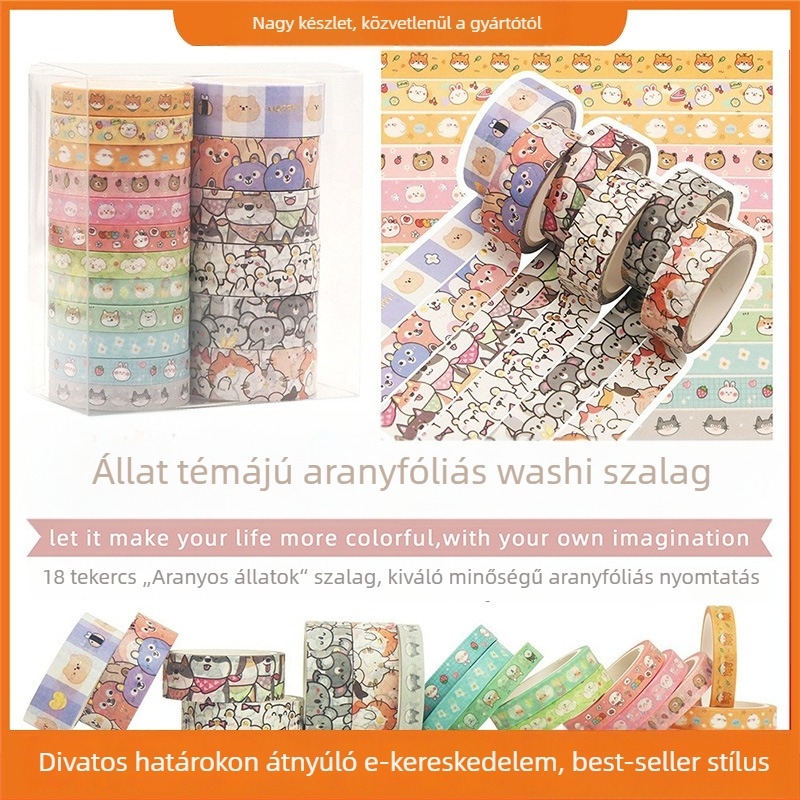 Washi szalag arany fóliával és aranyos állatmintákkal, dekoratív naplóhoz, hossz 5 m, szélesség 7,5 mm és 15 mm