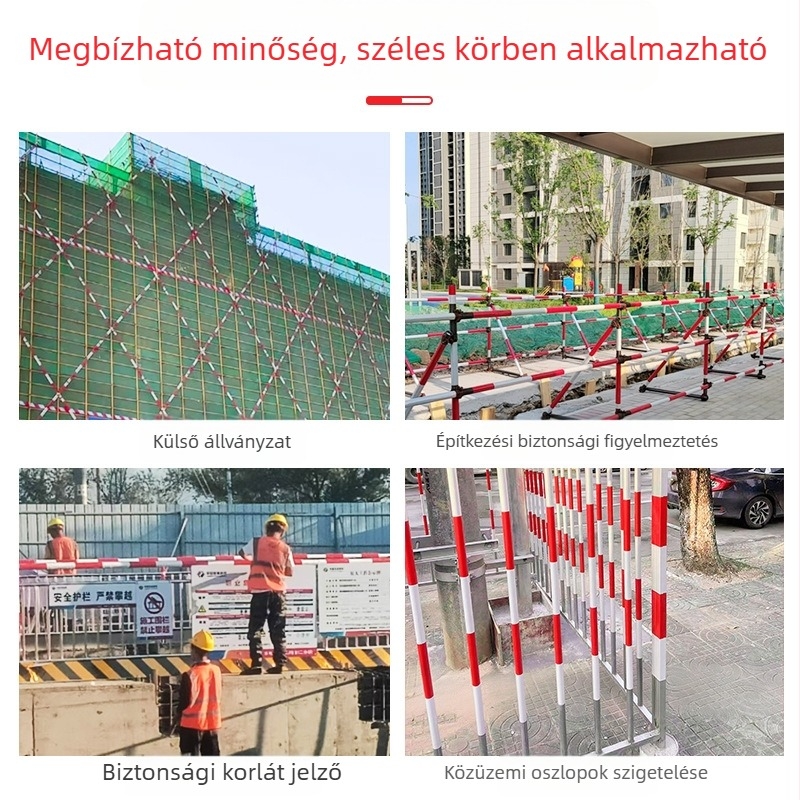 Vörös‑fehér fényvisszaverő biztonsági szalag építkezésekhez, acélcsövekhez