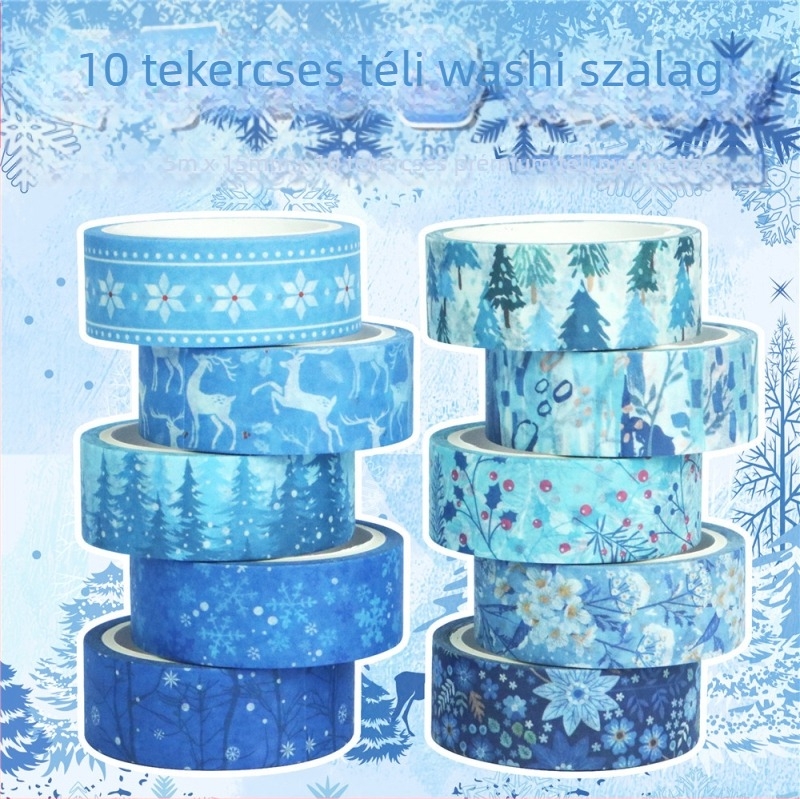 Téli nyomtatású Washi szalag, 10 tekercs, vékony arany fóliás szalag DIY naplózásra és dekorációhoz