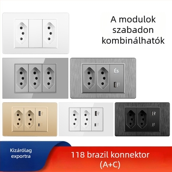 Fali konnektor USB Type-C-vel, 3-pontos, brazil szabvány, 10A, szürke panel