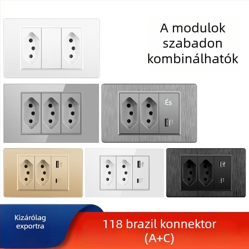 Fali konnektor USB Type-C-vel, 3-pontos, brazil szabvány, 10A, szürke panel