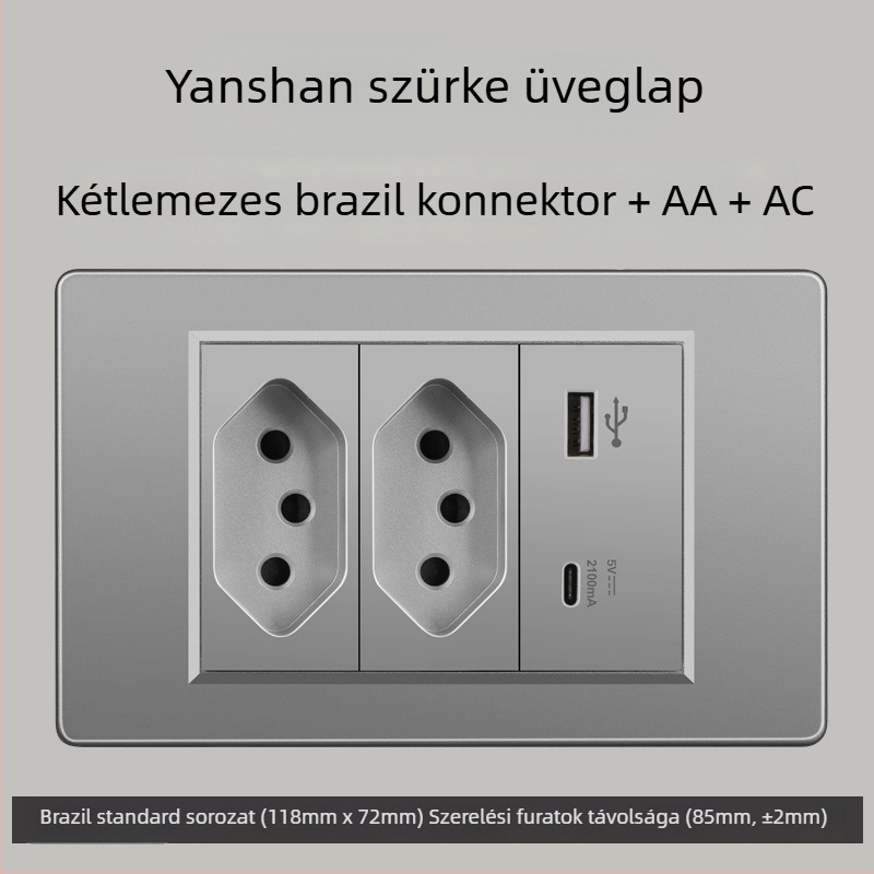 Fali konnektor USB Type-C-vel, 3-pontos, brazil szabvány, 10A, szürke panel