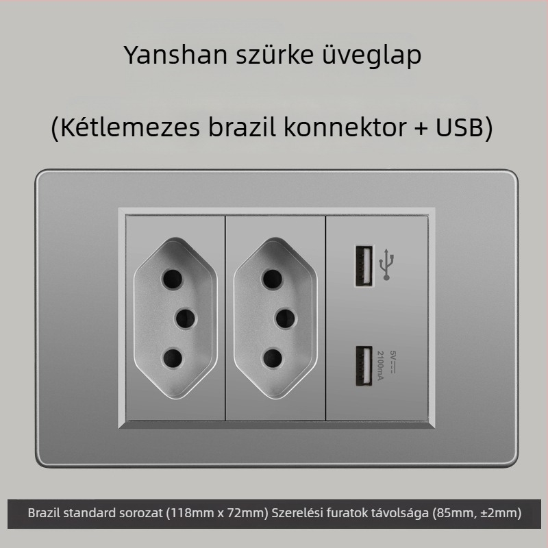 Fali konnektor USB Type-C-vel, 3-pontos, brazil szabvány, 10A, szürke panel