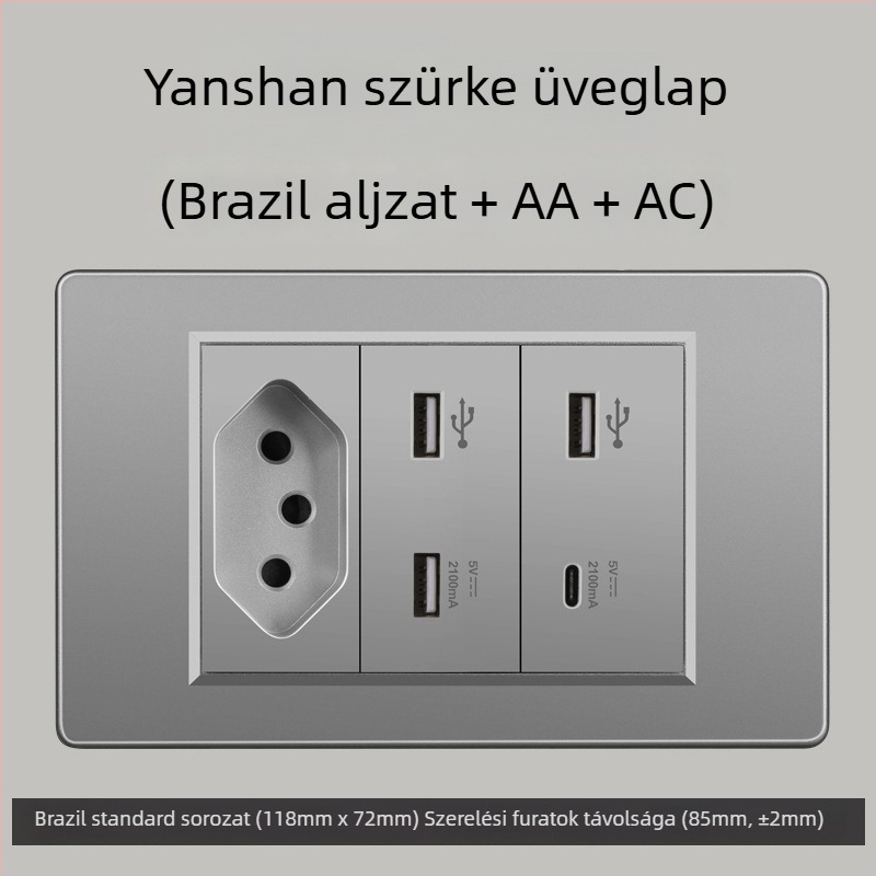 Fali konnektor USB Type-C-vel, 3-pontos, brazil szabvány, 10A, szürke panel