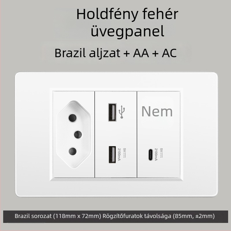 Fali konnektor USB Type-C-vel, 3-pontos, brazil szabvány, 10A, szürke panel