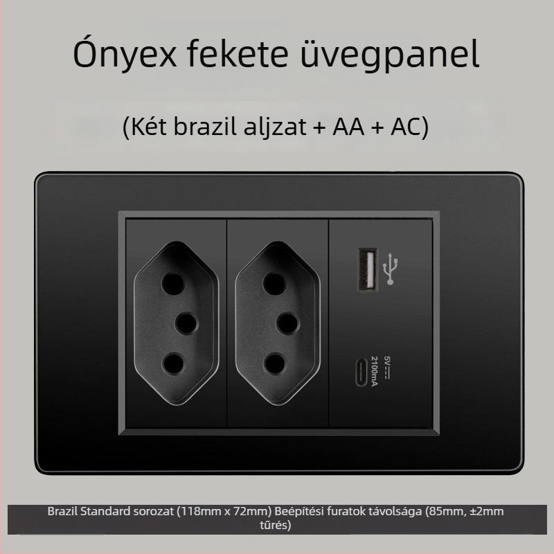 Fali konnektor USB Type-C-vel, 3-pontos, brazil szabvány, 10A, szürke panel