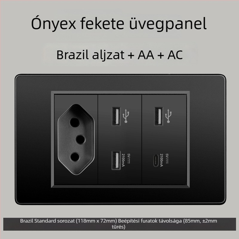 Fali konnektor USB Type-C-vel, 3-pontos, brazil szabvány, 10A, szürke panel
