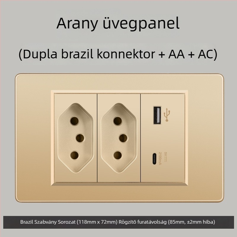 Fali konnektor USB Type-C-vel, 3-pontos, brazil szabvány, 10A, szürke panel