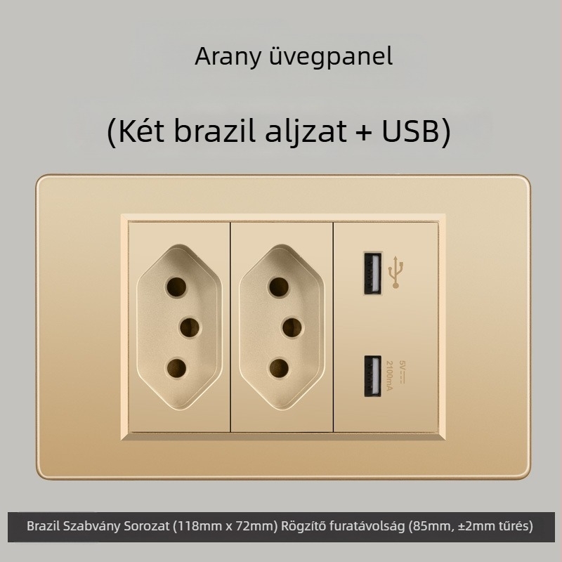 Fali konnektor USB Type-C-vel, 3-pontos, brazil szabvány, 10A, szürke panel