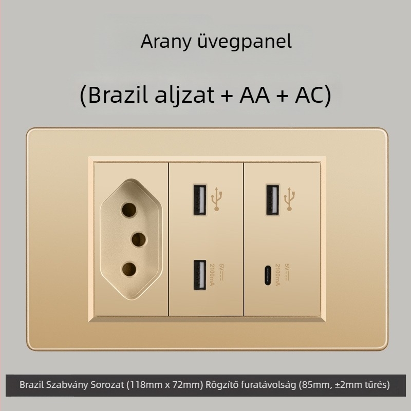 Fali konnektor USB Type-C-vel, 3-pontos, brazil szabvány, 10A, szürke panel