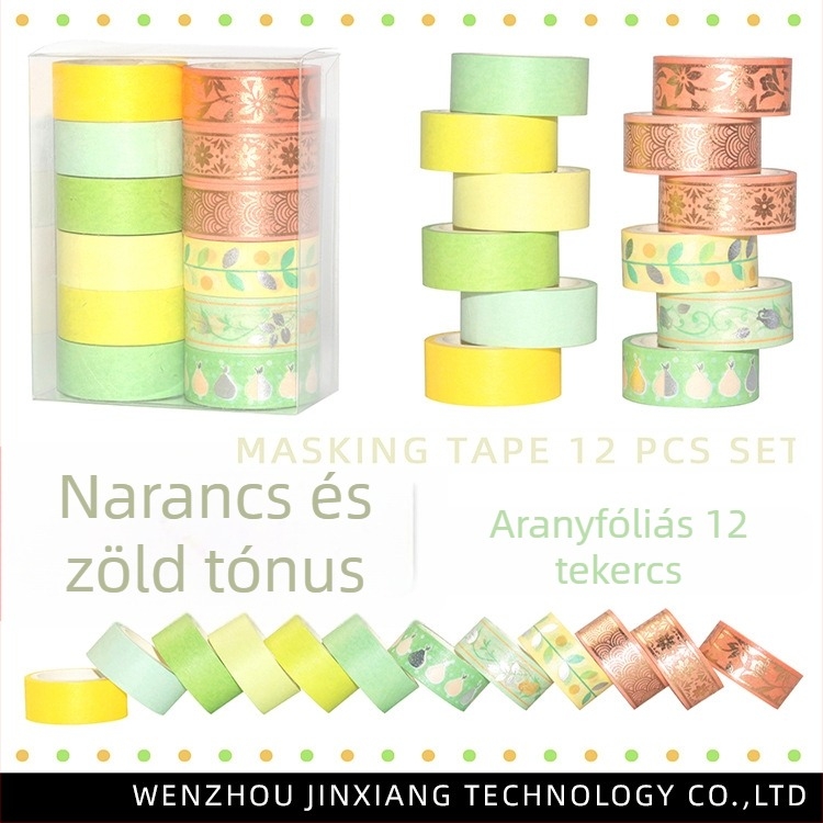 narancs-zöld árnyalatú Washi szalag, 12 tekercs, arany- és ezüstfóliával, DIY napló dekorációhoz