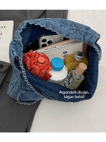Denim anyagú női nagy kapacitású oldaltáska, gyémánt mintázatú quilt és láncos vállpánttal, tavasz–nyár, mindennapi casual
