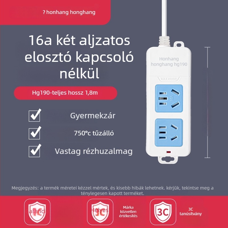 16A 4000W hosszabbító kábellel, több aljzattal, klímára és bojlerre