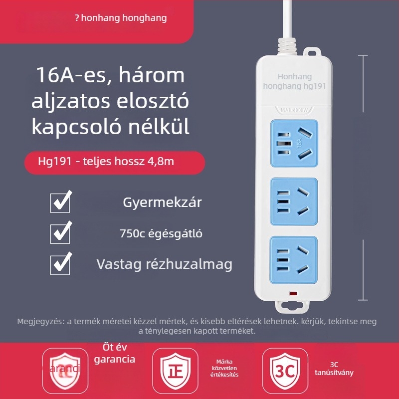 16A 4000W hosszabbító kábellel, több aljzattal, klímára és bojlerre