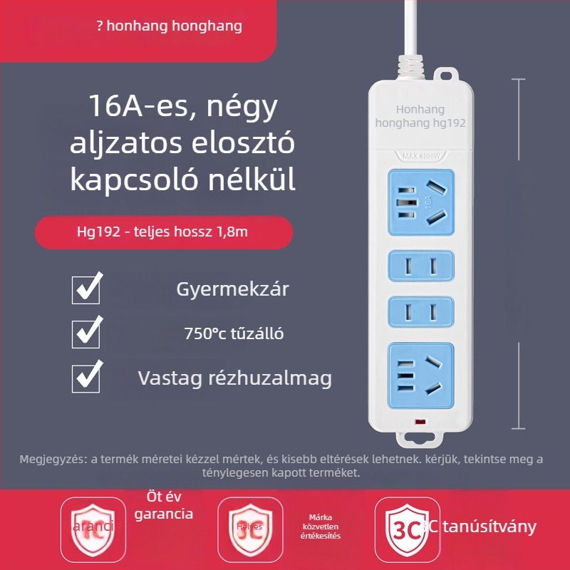 16A 4000W hosszabbító kábellel, több aljzattal, klímára és bojlerre