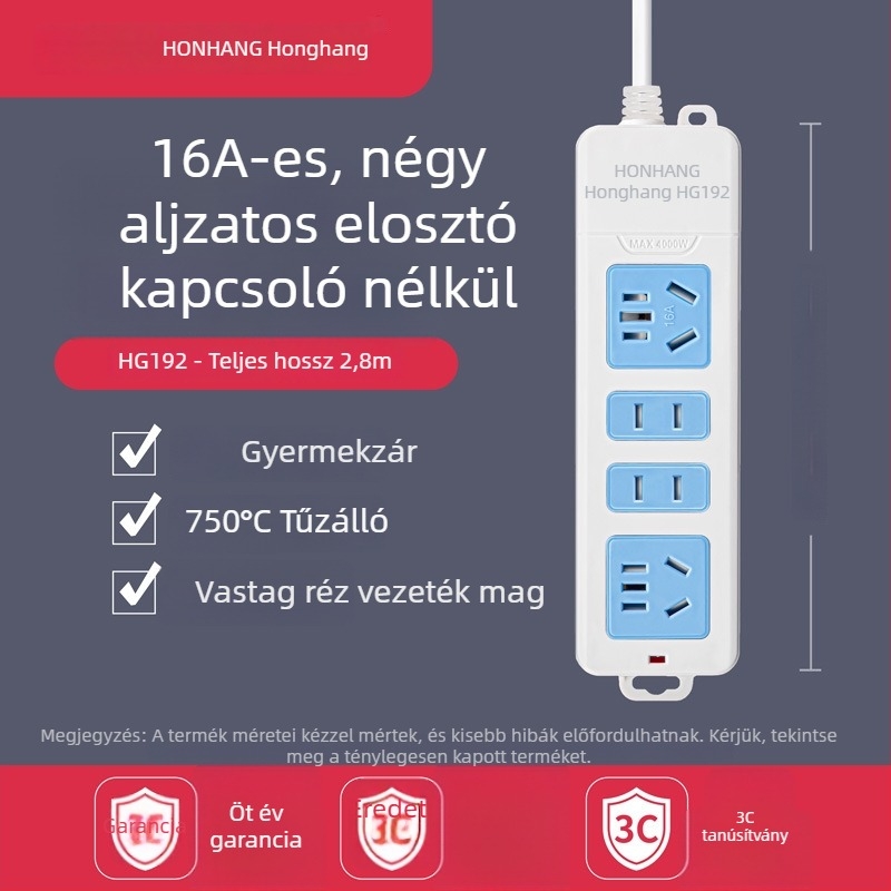 16A 4000W hosszabbító kábellel, több aljzattal, klímára és bojlerre
