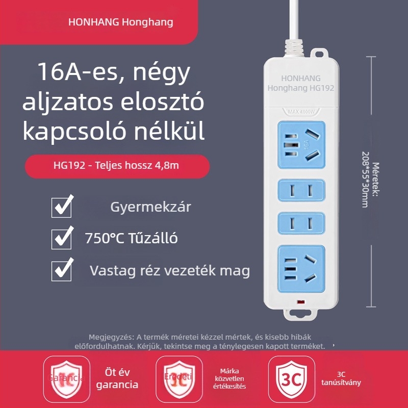 16A 4000W hosszabbító kábellel, több aljzattal, klímára és bojlerre
