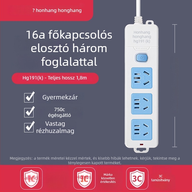 16A 4000W hosszabbító kábellel, több aljzattal, klímára és bojlerre