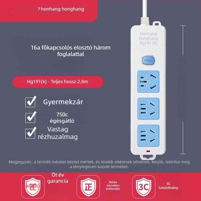 16A 4000W hosszabbító kábellel, több aljzattal, klímára és bojlerre