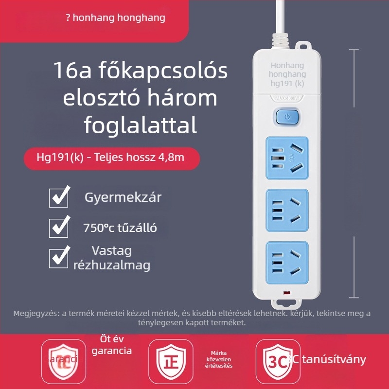 16A 4000W hosszabbító kábellel, több aljzattal, klímára és bojlerre