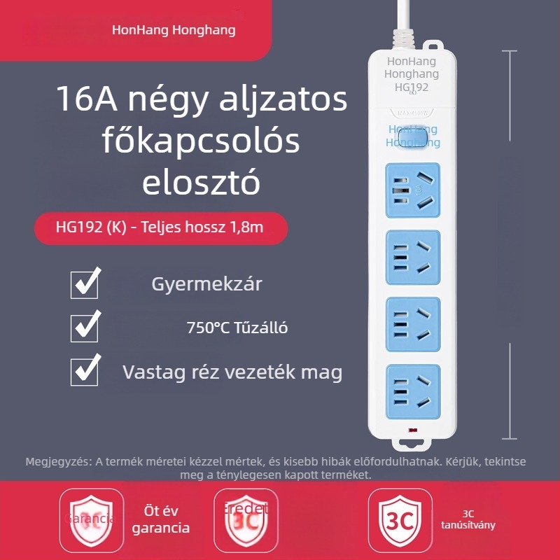 16A 4000W hosszabbító kábellel, több aljzattal, klímára és bojlerre