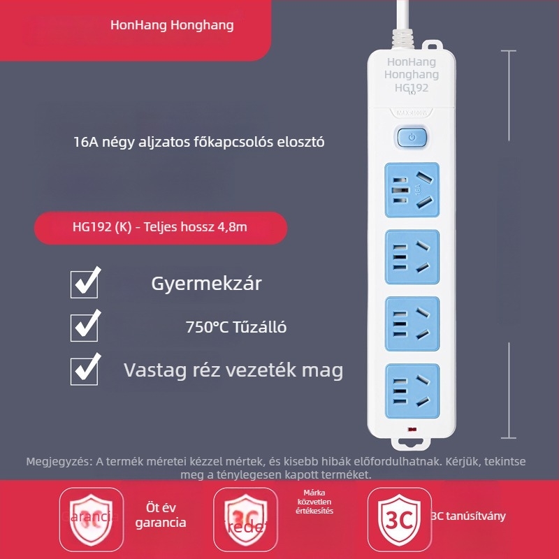 16A 4000W hosszabbító kábellel, több aljzattal, klímára és bojlerre