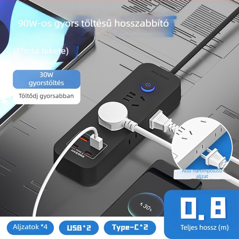 Okos 30W USB-s többszörös konnektor otthoni és irodai használatra, vezetékes, réz vezetőkkel