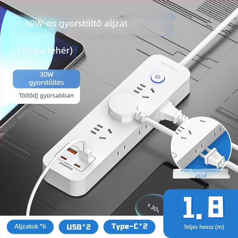 Okos 30W USB-s többszörös konnektor otthoni és irodai használatra, vezetékes, réz vezetőkkel
