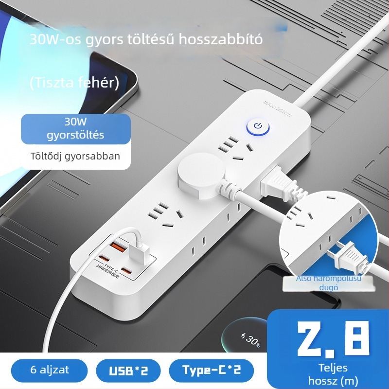 Okos 30W USB-s többszörös konnektor otthoni és irodai használatra, vezetékes, réz vezetőkkel