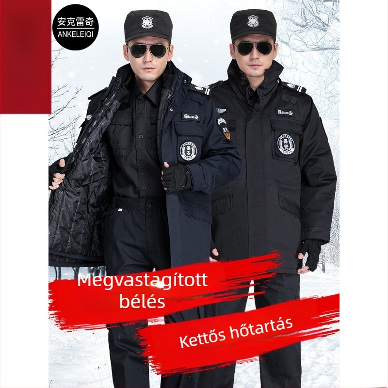 Téli biztonsági kabát vastag béléses, középhosszú, reflexiós munkaruha, többfunkciós hideg elleni kabát pamutkeverékből