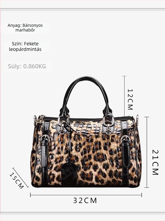 Női kézitáska valódi marhabőrből, Boston-stílus, leopard mintázat, keresztpánttal, nagy kapacitású