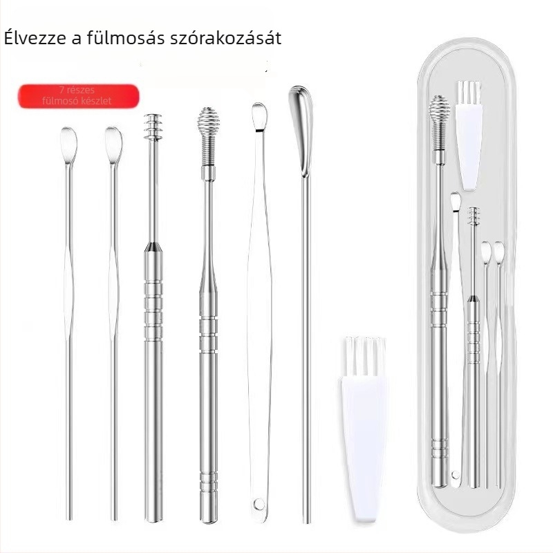 7 részes rozsdamentes acél fülkanál készlet spirális kanalakkal
