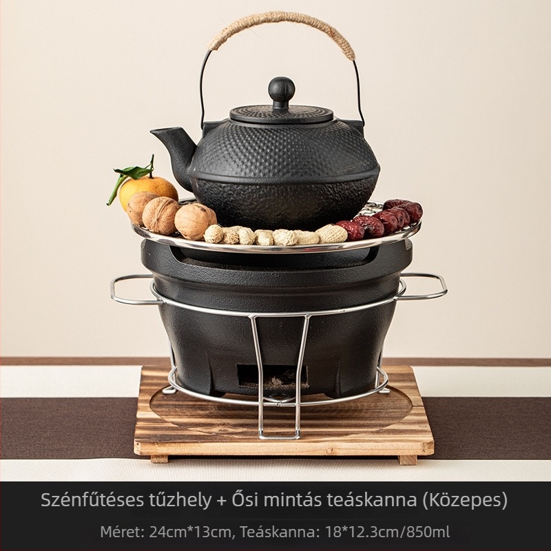 Kerámia teáskanna és szenes tűzhely — teljes készlet eszközökkel és kiegészítőkkel