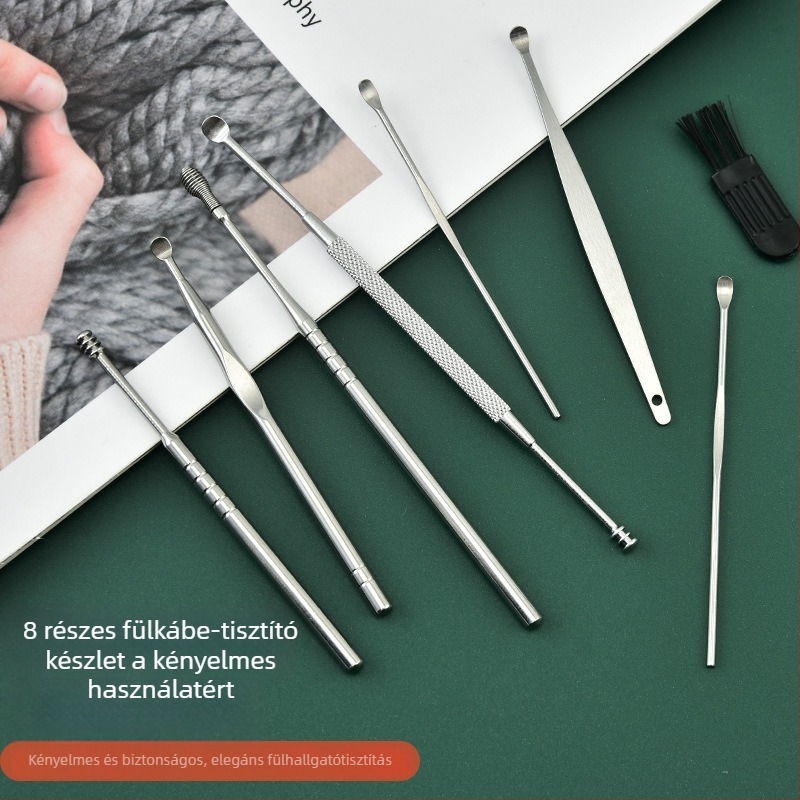 8 részes rozsdamentes acél fültisztító készlet fültisztítókanalakkal, felnőtteknek