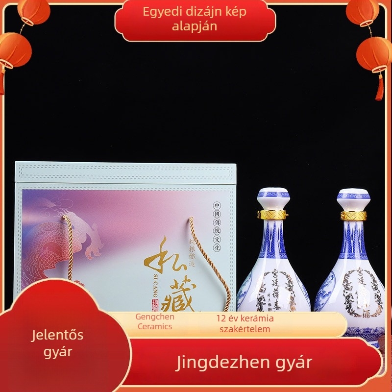 Jingdezhen kék-fehér kerámia borosüveg, zárható, 0,5 kg, szivárgásmentes
