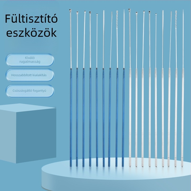 Rozsdamentes acél fülkanál készlet 360°-os forgó fejjel, hordozható fül tisztító készlet