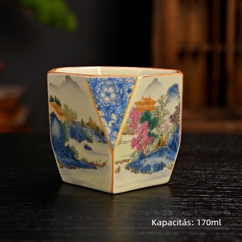 Ru Kiln nyolcszögletű teáscsésze crackle glazúrral, kóstoló teáscsésze, személyes emlékcsésze