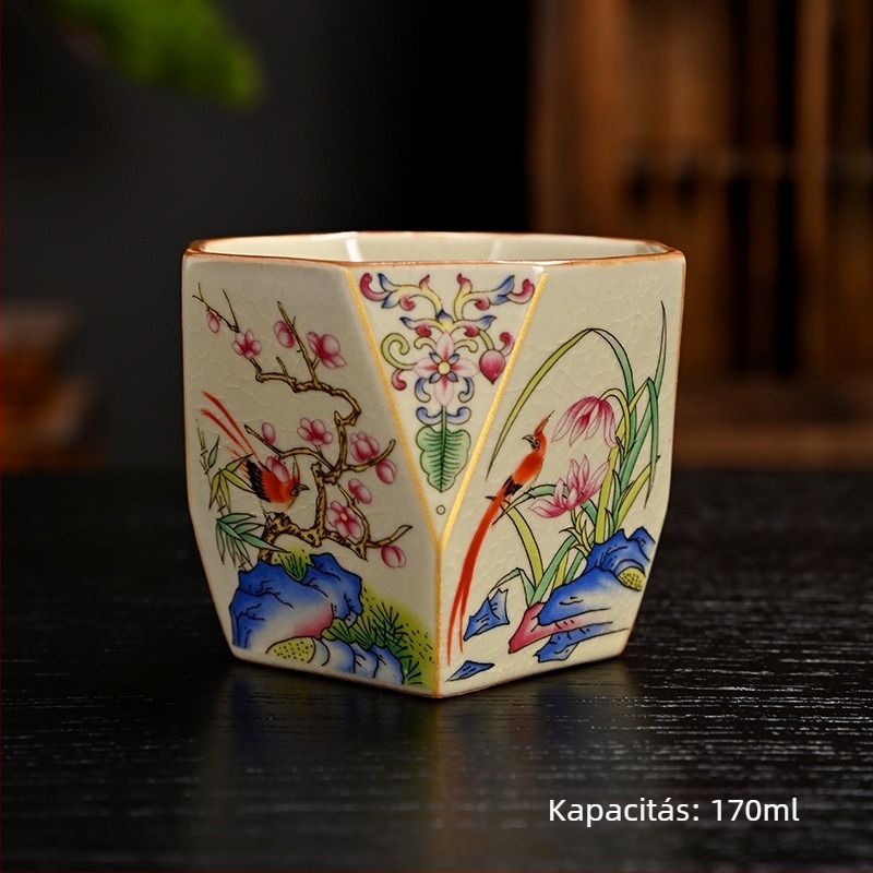 Ru Kiln nyolcszögletű teáscsésze crackle glazúrral, kóstoló teáscsésze, személyes emlékcsésze