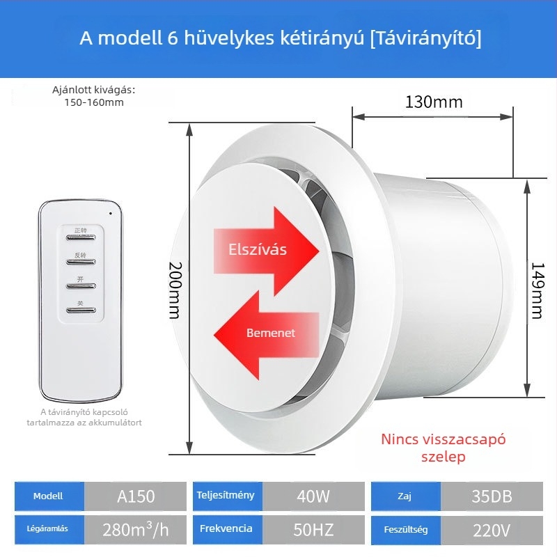 Fürdőszoba szellőztető, csendes kétirányú ventilátor, fal- és ablak típus, otthoni használatra, konyha, távirányító