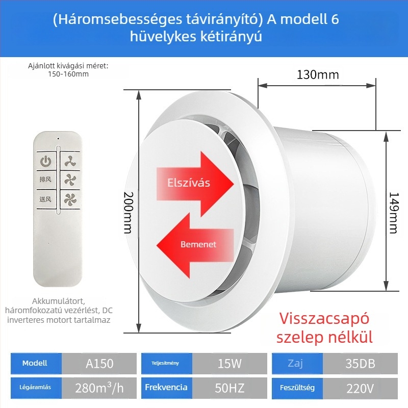 Fürdőszoba szellőztető, csendes kétirányú ventilátor, fal- és ablak típus, otthoni használatra, konyha, távirányító