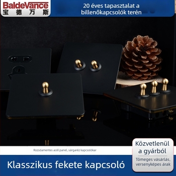 Sárgaréz karos kapcsoló panel, retro ipari stílus, fekete fém aljzat, 86x86 mm