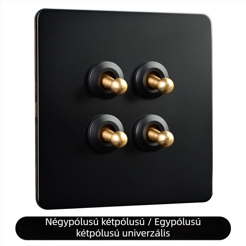 Sárgaréz karos kapcsoló panel, retro ipari stílus, fekete fém aljzat, 86x86 mm