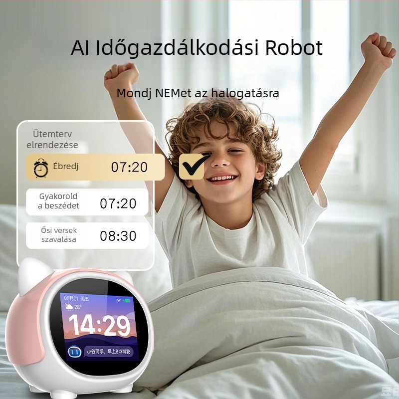 AI-alapú időtárs robot, intelligens beszéd, ébresztő, tanulóeszköz és éjszakai fény