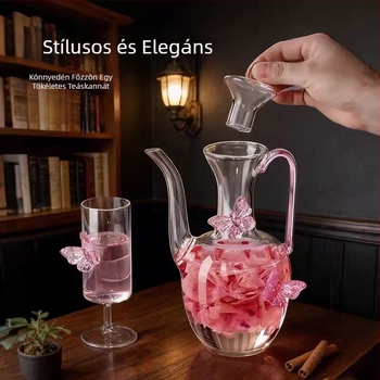 Song-dinasztia utánzat teáskanna, pillangó mintával, átlátszó boroszilikat üvegből, zöld teához