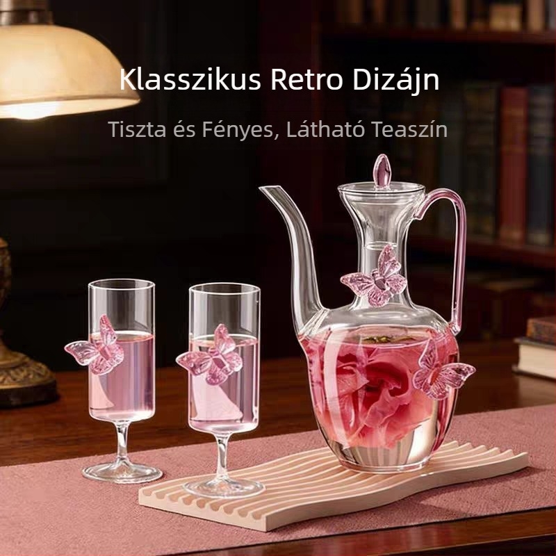 Song-dinasztia utánzat teáskanna, pillangó mintával, átlátszó boroszilikat üvegből, zöld teához