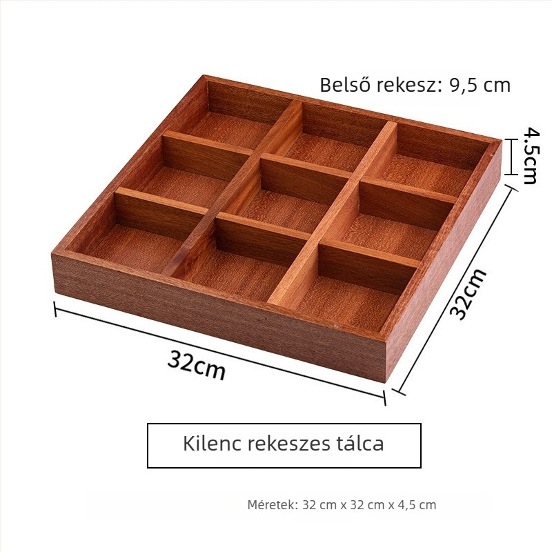 Fából készült teás tál gyümölcs- és nassolnivaló tálakkal, kilenc rekeszes elrendezés, retro stílus, 24 cm átmérőjű