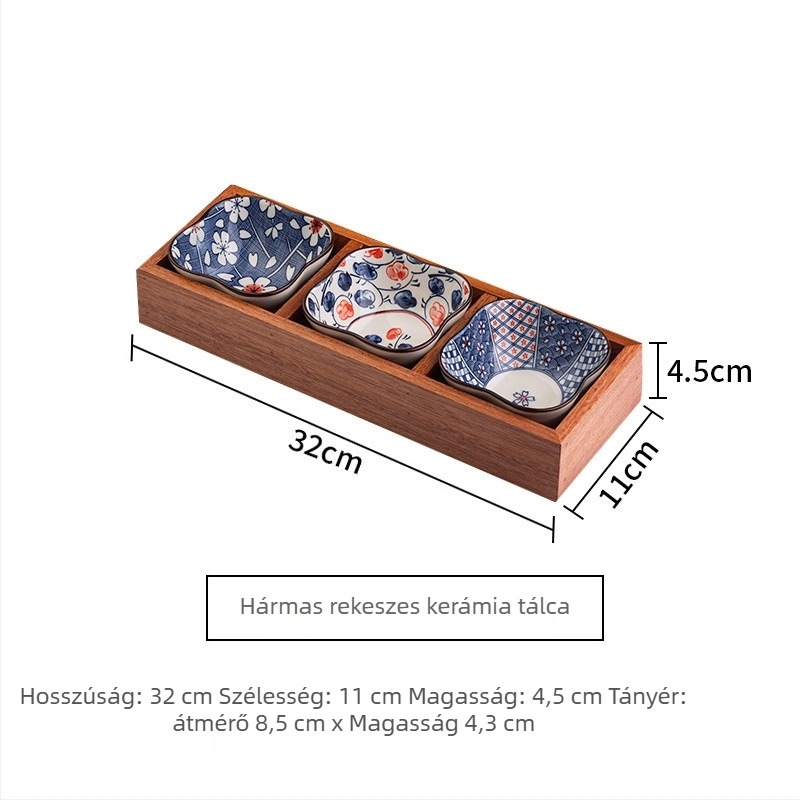 Fából készült teás tál gyümölcs- és nassolnivaló tálakkal, kilenc rekeszes elrendezés, retro stílus, 24 cm átmérőjű