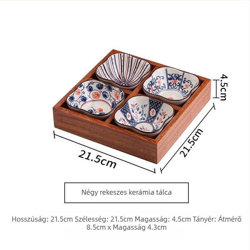 Fából készült teás tál gyümölcs- és nassolnivaló tálakkal, kilenc rekeszes elrendezés, retro stílus, 24 cm átmérőjű