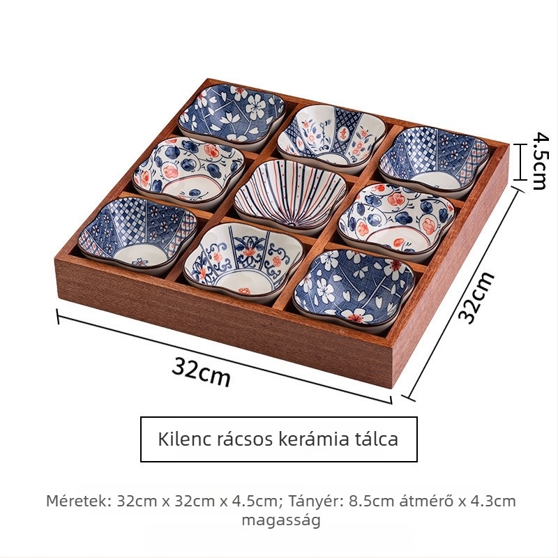 Fából készült teás tál gyümölcs- és nassolnivaló tálakkal, kilenc rekeszes elrendezés, retro stílus, 24 cm átmérőjű