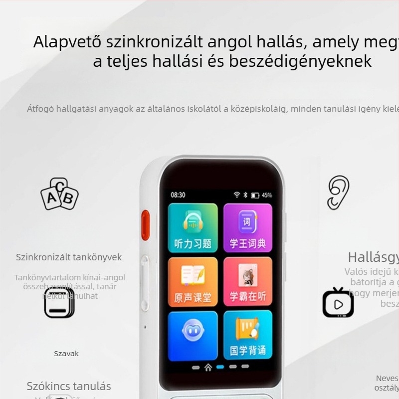 P30 okos hallókészülék érintőképernyővel — angol ismétlő és tanuló eszköz, MP3 offline, tankönyv tartalom szinkronizált